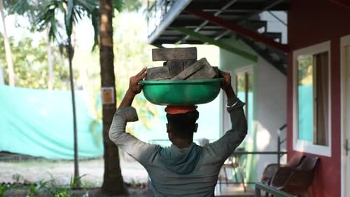 Indian Labourer Carry Cargo on Top of His Head Builder Worker Bear Load India
