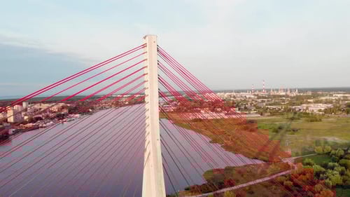 Aerial pan shot of Cable-Stayed Bridge On Motława River In Gdansk, Poland