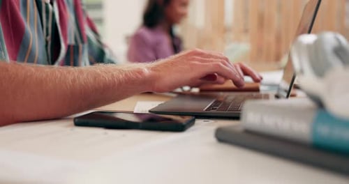 Laptop, man hands and online for college assignment, typing and research for studying module