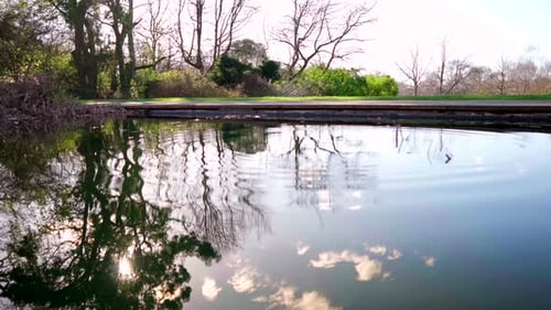 Spiegelung des blauen Himmels, Wolken und Bäume in einem See, Wellen, die in Zeitlupe im Wasser wehen, auf