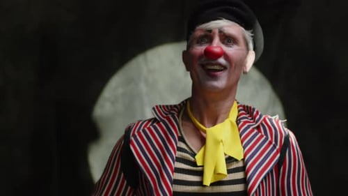 Smiling Clown with Red Nose Puts Noisemaker in Mouth