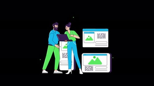 Two people discussing project on laptop with graphics