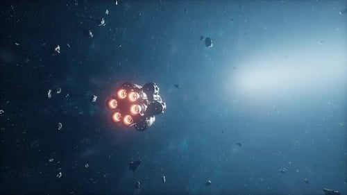 Futuristic Spaceship Journey Through Asteroid Field