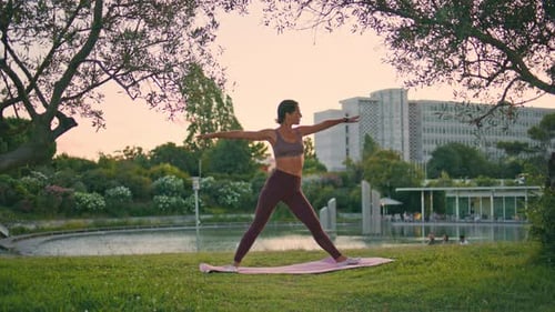 Yoga Model Practicing Triangle Position Evening Park Woman Training Flexibility