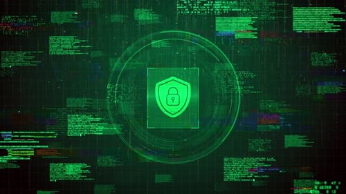 Futuristic Shield Icon Over Green Hacking Glitch Animation Background