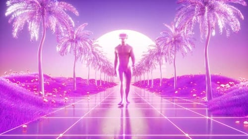 Man Walking In Vr Glasses Between Palm Trees Synthwave Background