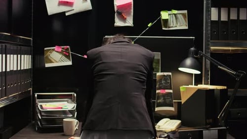 Investigator at Desk in Dark Overfilled Office