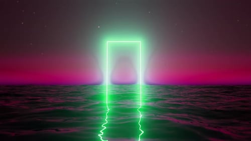 Portal rectangular brillante de neón sobre un océano carmesí por la noche