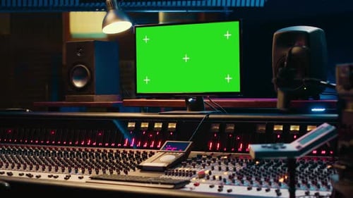 Leeres professionelles Studio mit Greenscreen-Layout auf dem Monitor