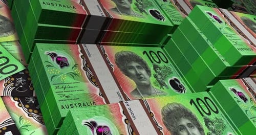 Australia Dollar 100 banknote packs - flying over AUD money stack