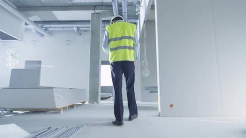 Follow Shot of Engineer in Hard Hat Walking inside Building under Construction.