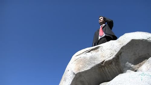 Businessman in blue suit speaks on cell phone at mountain peak