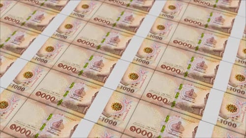 Thai Baht 1000 Banknotes Moving on Production Line