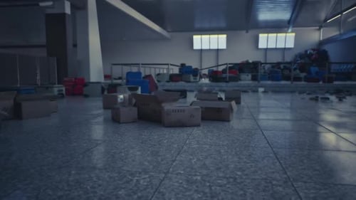 Abandoned Airport Terminal with Scattered Luggage and Deserted Surroundings