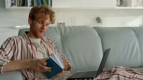 Businessman Talking Laptop Computer at Home Office on Lockdown Period Closeup. Focused