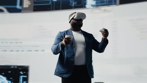 African American Programmer Engaging in Virtual Reality with a Headset