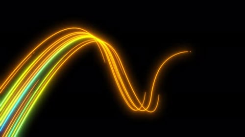 Abstract black background with wavy orange yellow green neon lines