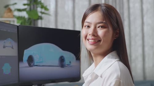 Woman Works on 3D Car Design at Computer