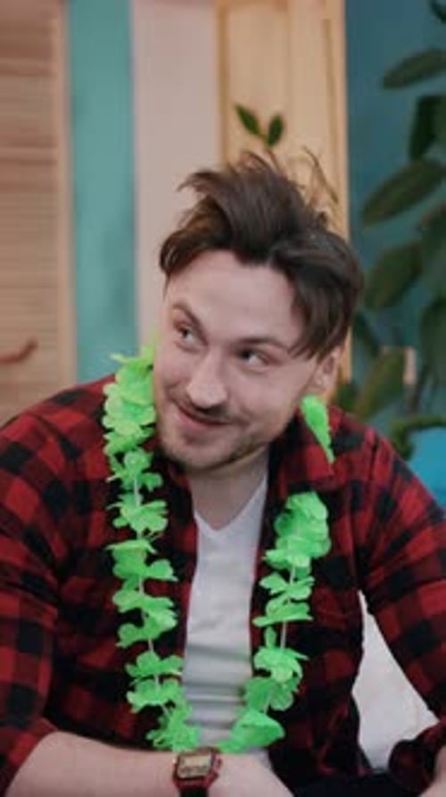 Its Celebration Time Wearing a Fun Hat and Sporting a Vibrant Green Lei at the Party
