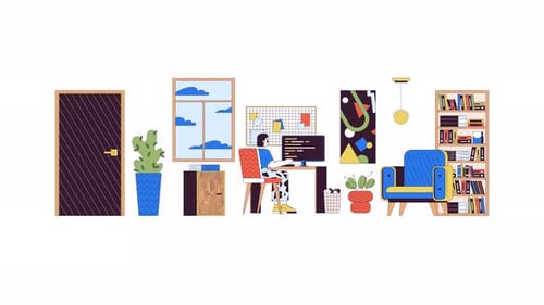 Korean woman in cozy home office line 2D character animation