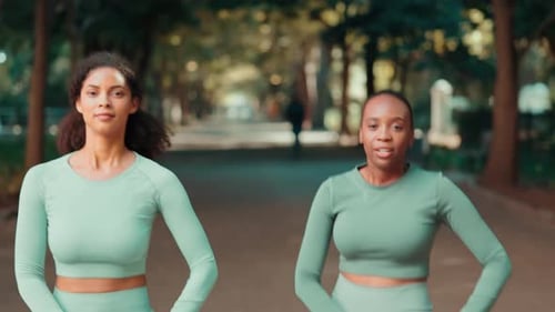 Runner woman, friends and stretching in park with teamwork, together and support for fitness