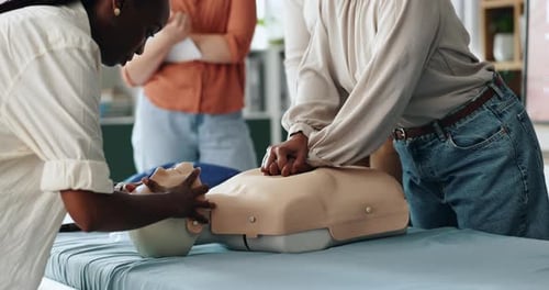People, hands or mask for first aid dummy for rescue safety, demonstration lesson or education