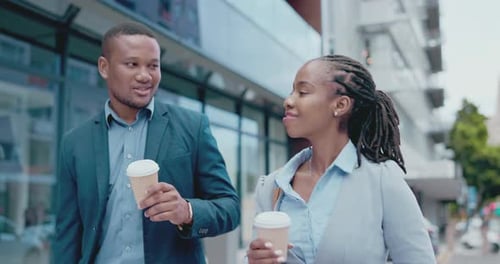 Coffee, cheers and a black business team walking in the city during their morning commute into work