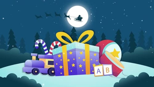 Animated Christmas Night Scene with Toys and Santa's Sleigh