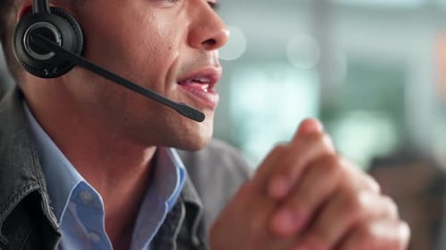 Businessman, mouth and communication with headset in office for investment, plan or online advice