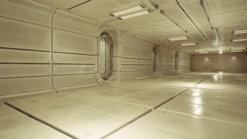 Futuristic Industrial Spacecraft Cargo Hold Interior Camera Movement