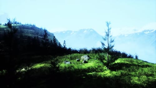 Mountain Painting With Trees and Grass