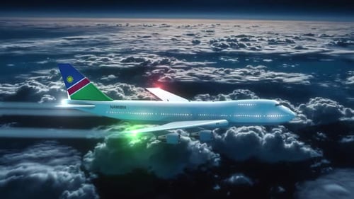 Commercial Airliner Passanger Plane Jumbo Jet Flying At Night Over Clouds With Country Flag Namibia
