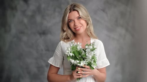 Happy Cute Elegant Spring Summer Woman Posing Romantic White Flowers Apple Tree Bouquet Isolated