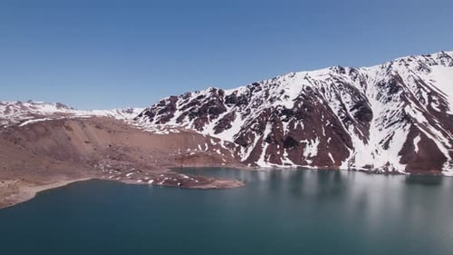 Aerial View of Lake and Snowy Mountain Landscape