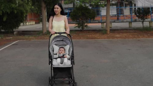 happy mother pushing infant baby stroller and walking in the park