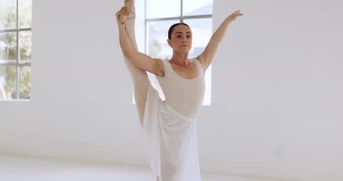 Ballet, stretch and woman dancer in studio for flexibility, training and performance practice