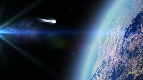 Earth with close comet, sun and stars