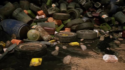 Tires and Trash Litter a Polluted Urban Waterway