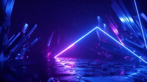 Dynamic neon laser show in crystal cave with starry sky