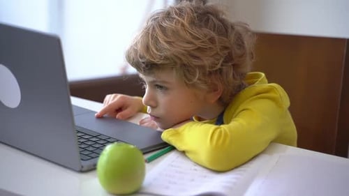 Child Studying at Desk With Laptop