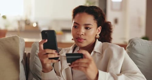Woman, credit card or phone with electronic transaction for online shopping