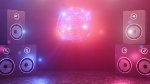 Disco style. Retro animation. Bright lights. Retro music. Looped 3D animation of disco ball rotation