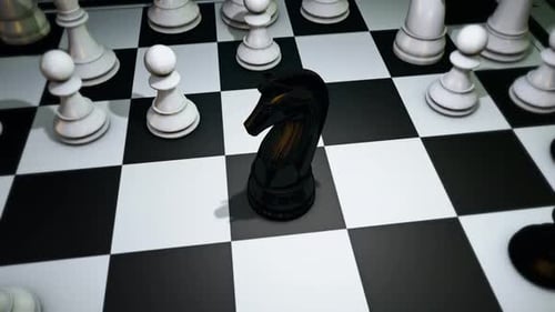Black Chess Knight Appears on Strategic Checkered Board