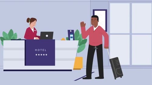 Tourist Or Traveller People Standing At Desk In Hotel Lobby 4K