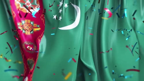 Waving Turkmenistan Flag with Falling Confetti Celebration Background