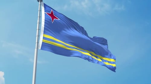 Waving Aruba Flag Loop on Blue Sky