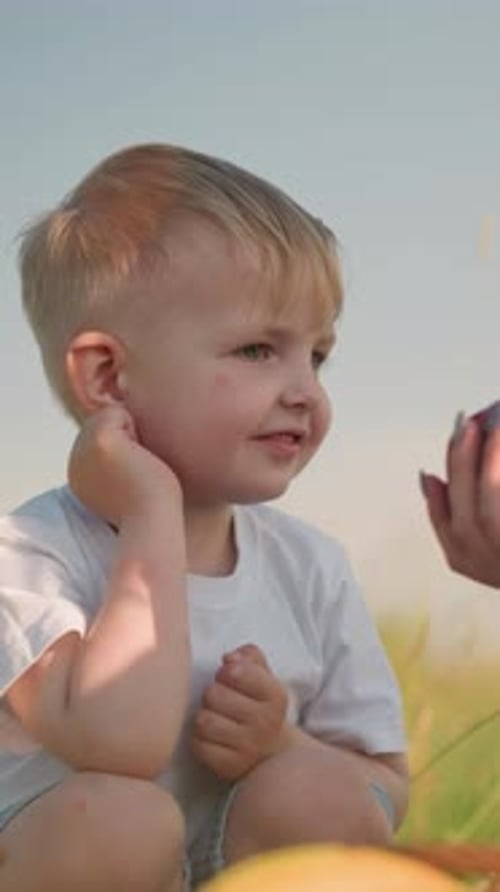 Mutter bietet neugierigem Sohn auf einer Wiese einen roten Apfel an