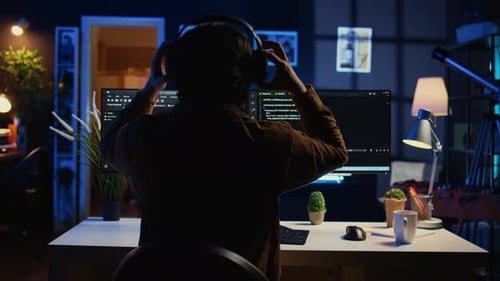 Technician Listening Music While Using Coding to Fortify Firewalls