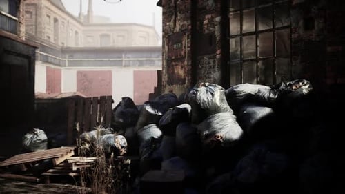Abandoned Factory with Collapsing Brick Structures and Piles of Refuse