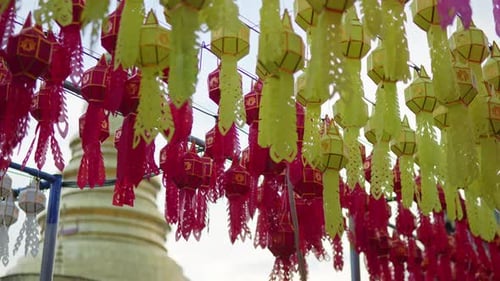 Colorful Lanterns Hanging Decoratively in Asian City